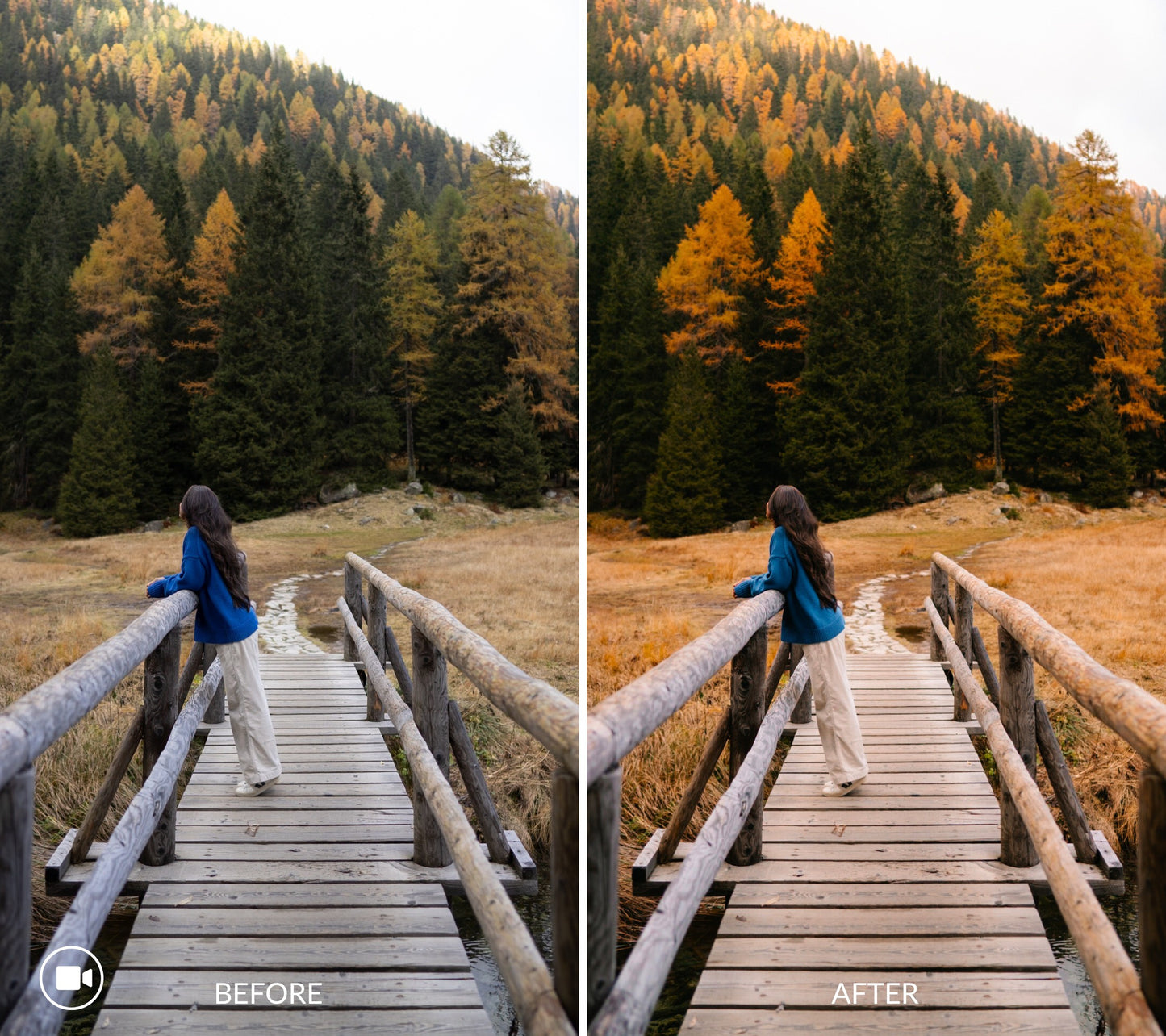 Before and after comparison of a person on a wooden bridge in a forest with autumn colors edited with Lightroom Presets.