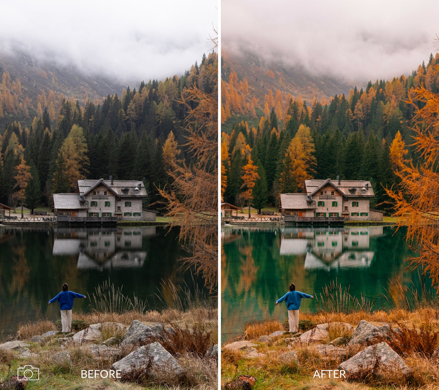 Before and after comparison of a person by a lake with a house and trees in the dolomites italy.