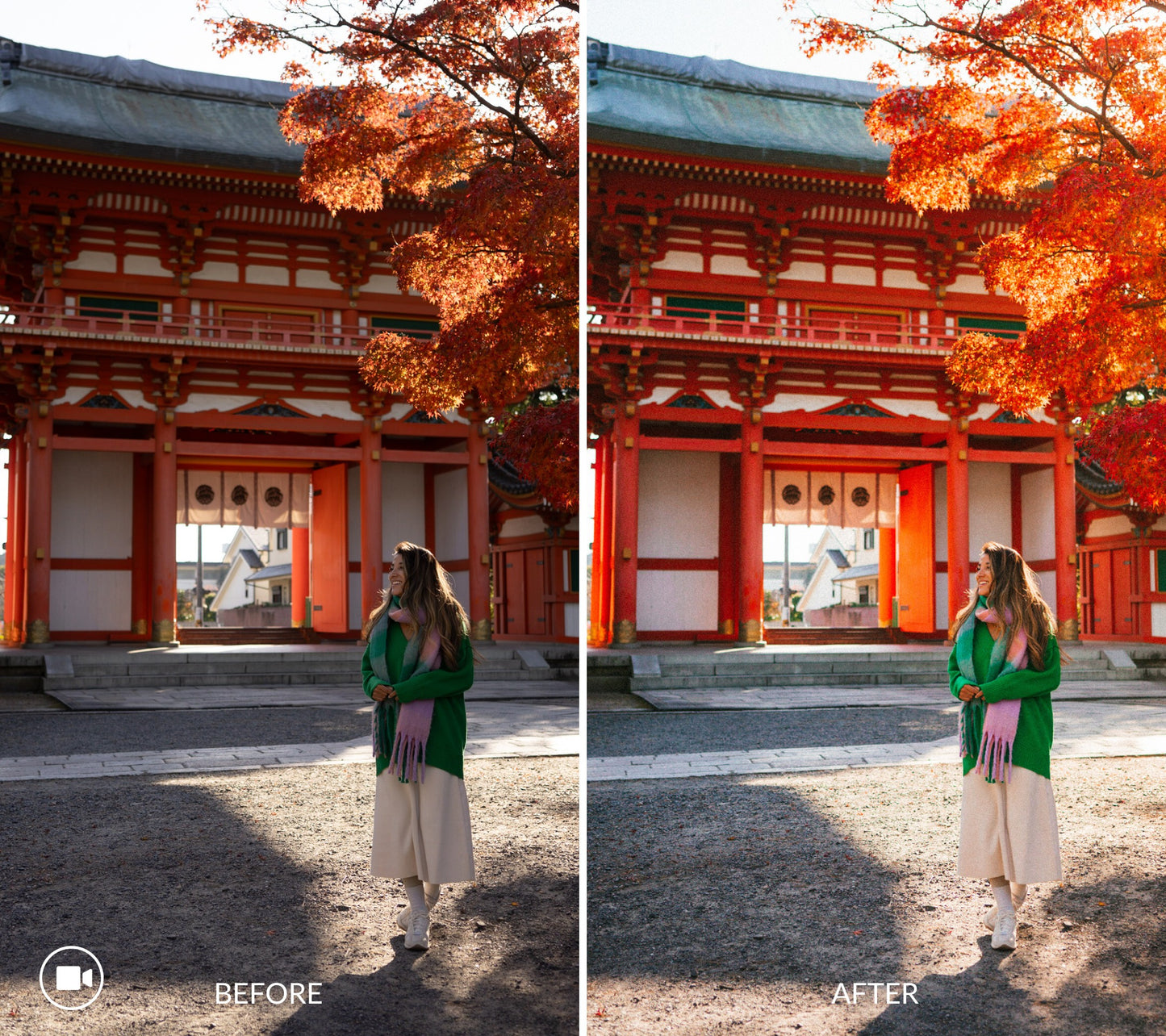 Before and after comparison of a woman in a green coat standing in front of a traditional temple with autumn leaves in Kyoto Japan.