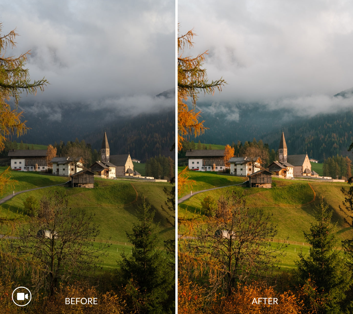 Side-by-side comparison of a mountain village scene labeled 'Before' and 'After'.using fall lightroom presets