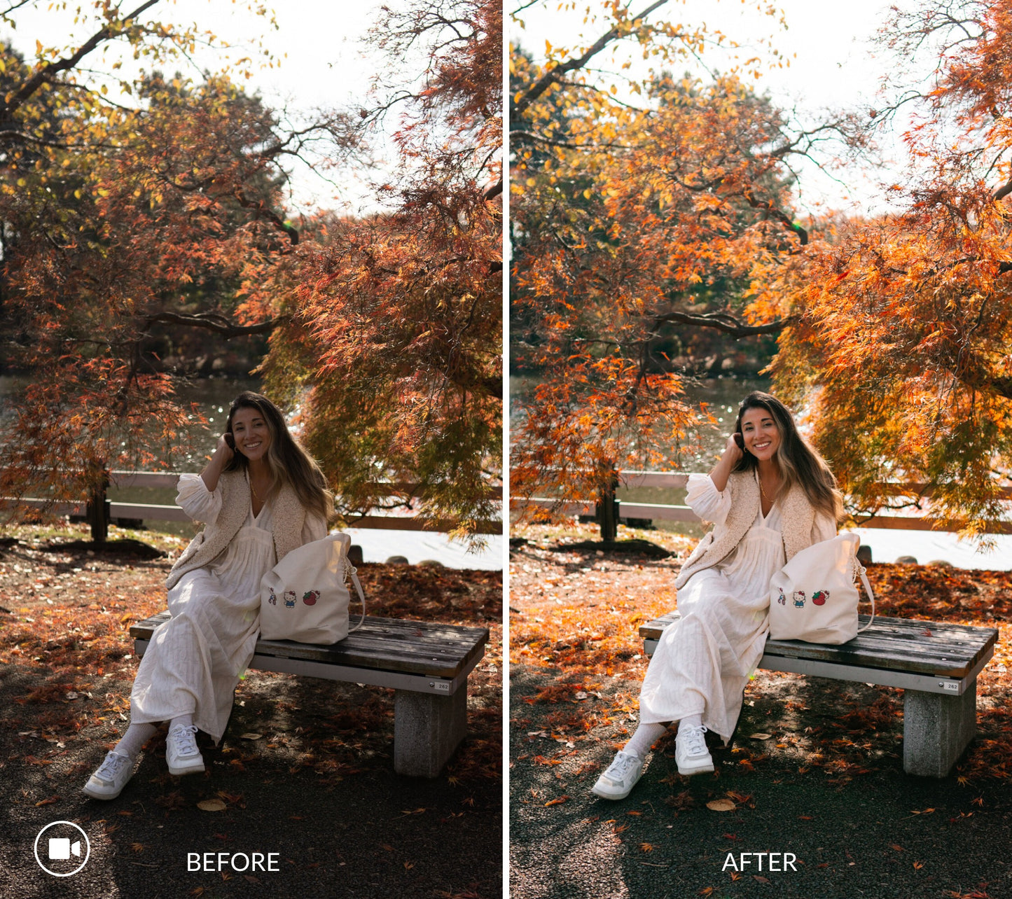 Before and after comparison using Fall lightroom presetsof a woman sitting on a bench in an autumn park.