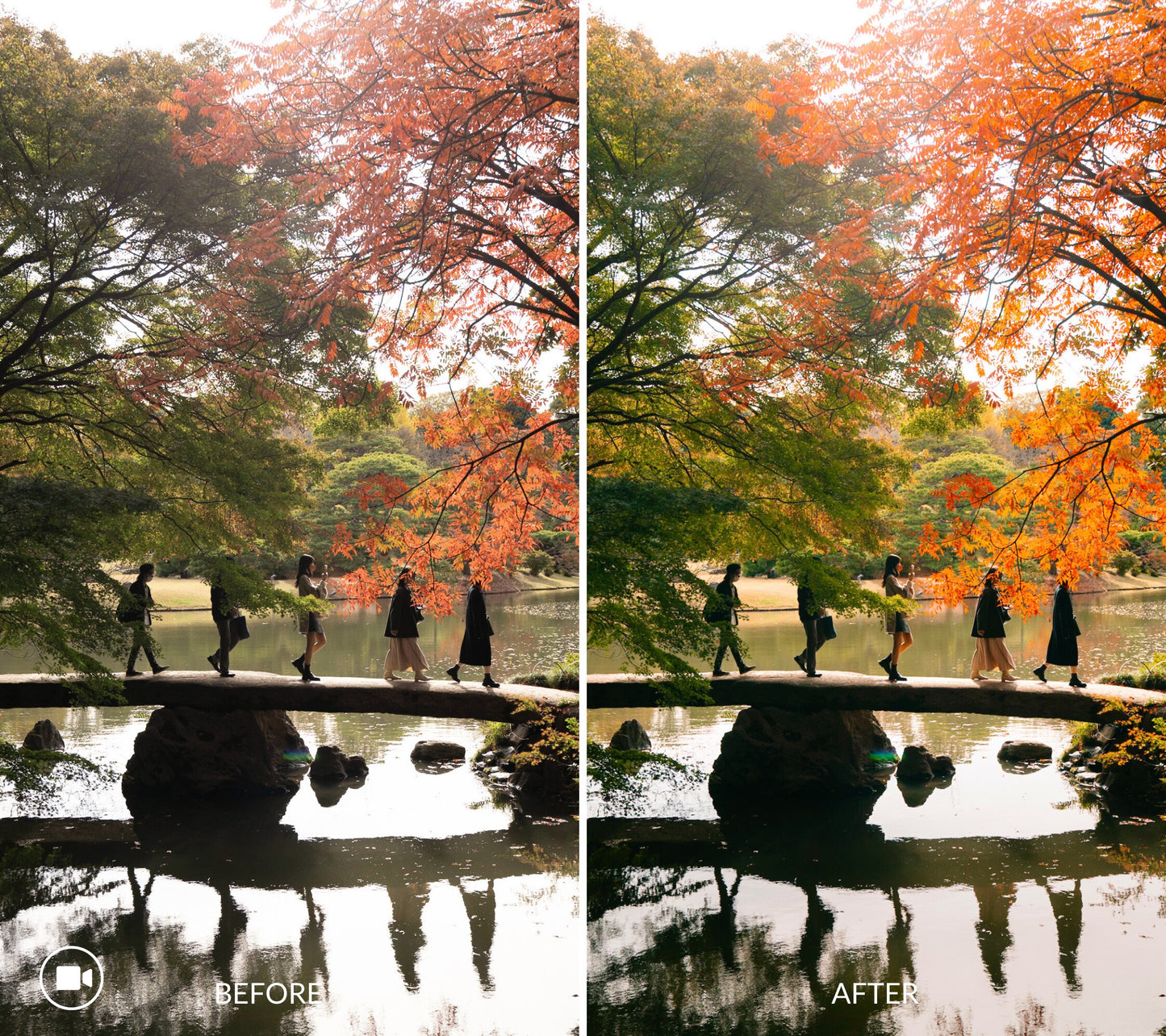 Before and after comparison of a scenic autumn landscape in Japan with people walking on a bridge over water.