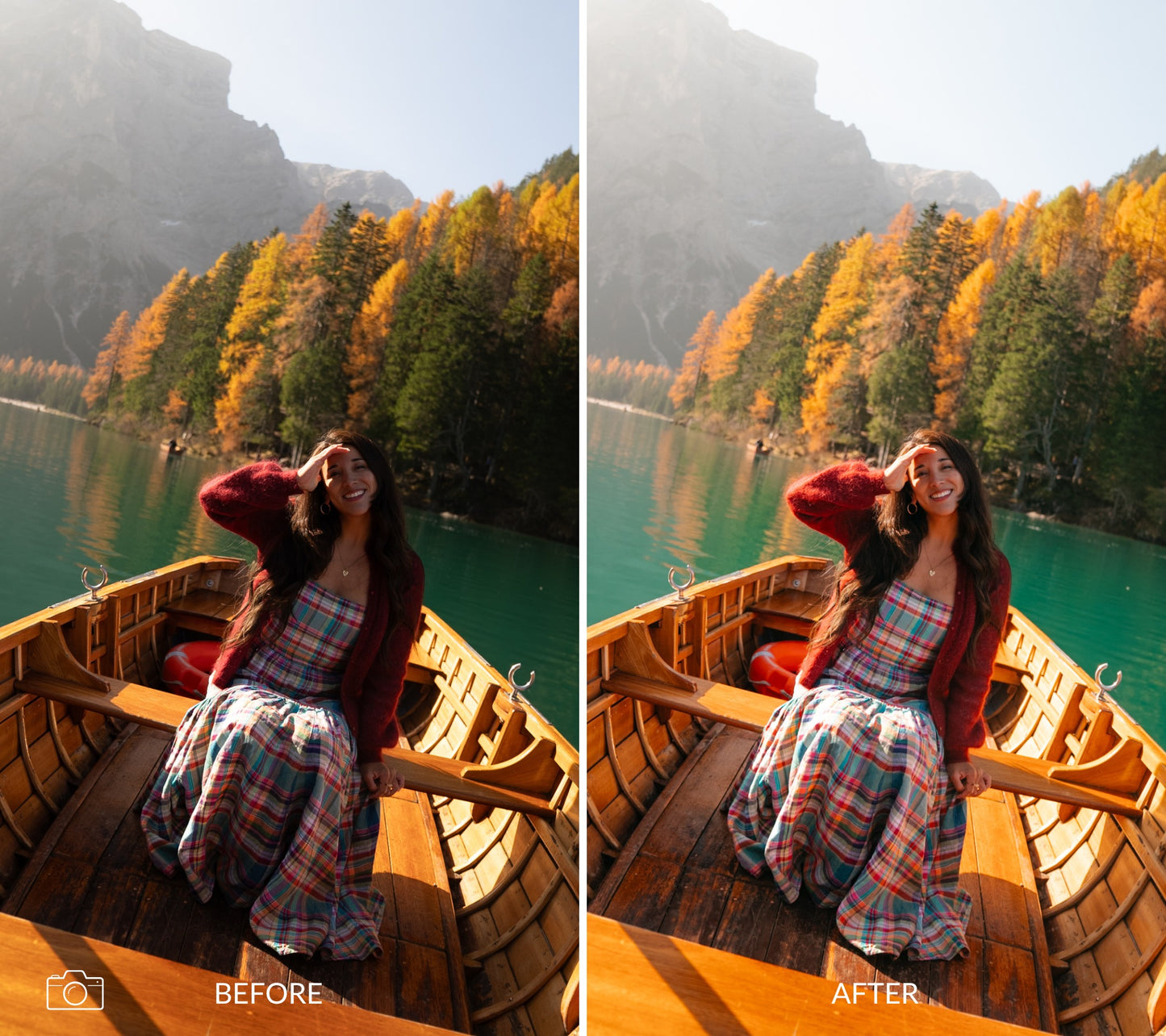Before and after comparison of a woman in a boat on a lake with autumn trees.
