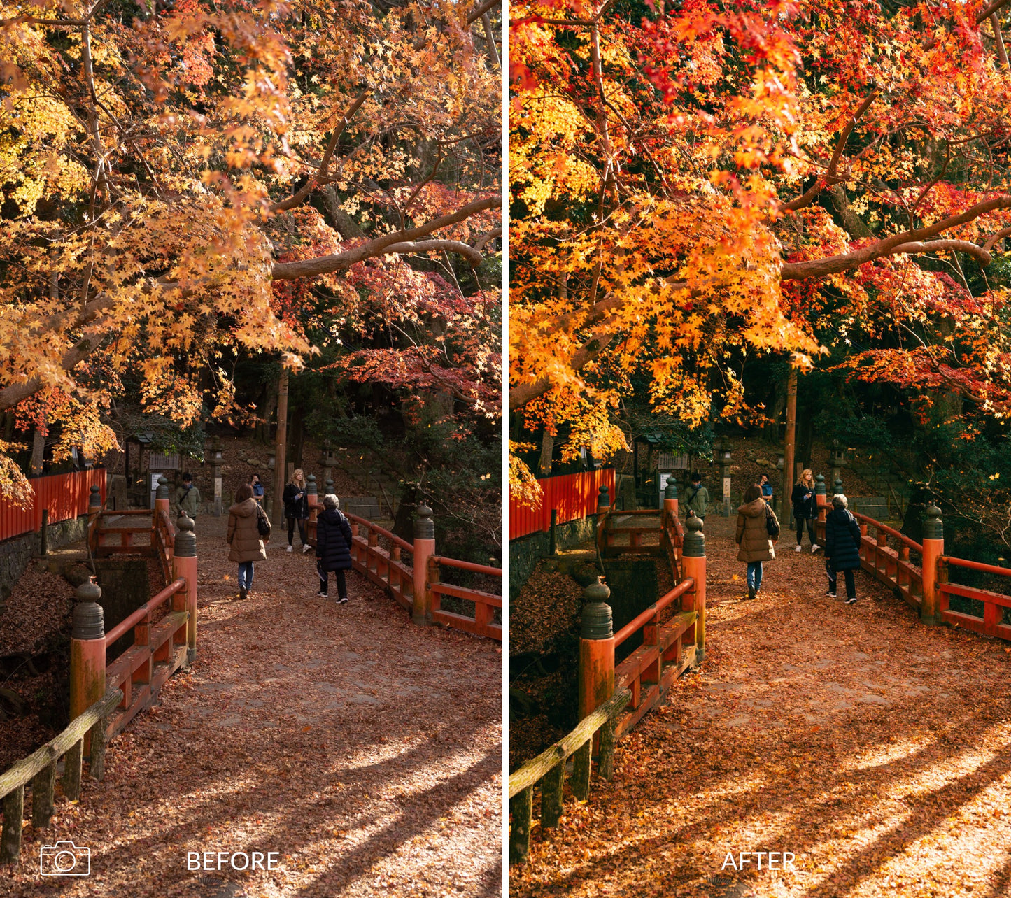 Before and after comparison of a scenic path in japan with autumn foliage.
