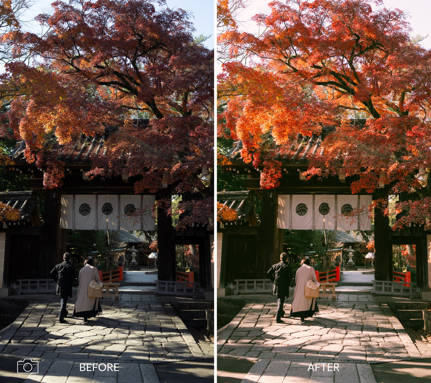 Side-by-side comparison of a japanese temple scene with and without color enhancement using lightroom presets