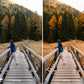 Before and after comparison of a person on a wooden bridge in a forest with autumn colors edited with Lightroom Presets.