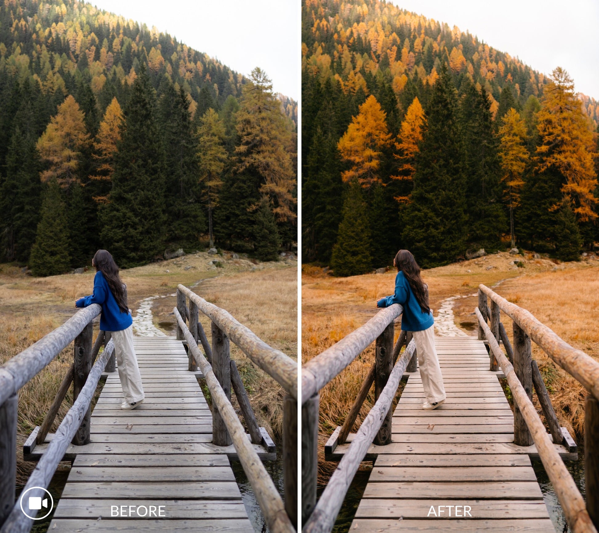 Before and after comparison of a person on a wooden bridge in a forest with autumn colors edited with Lightroom Presets.