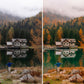 Before and after comparison of a person by a lake with a house and trees in the dolomites italy.