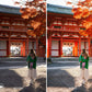Before and after comparison of a woman in a green coat standing in front of a traditional temple with autumn leaves in Kyoto Japan.