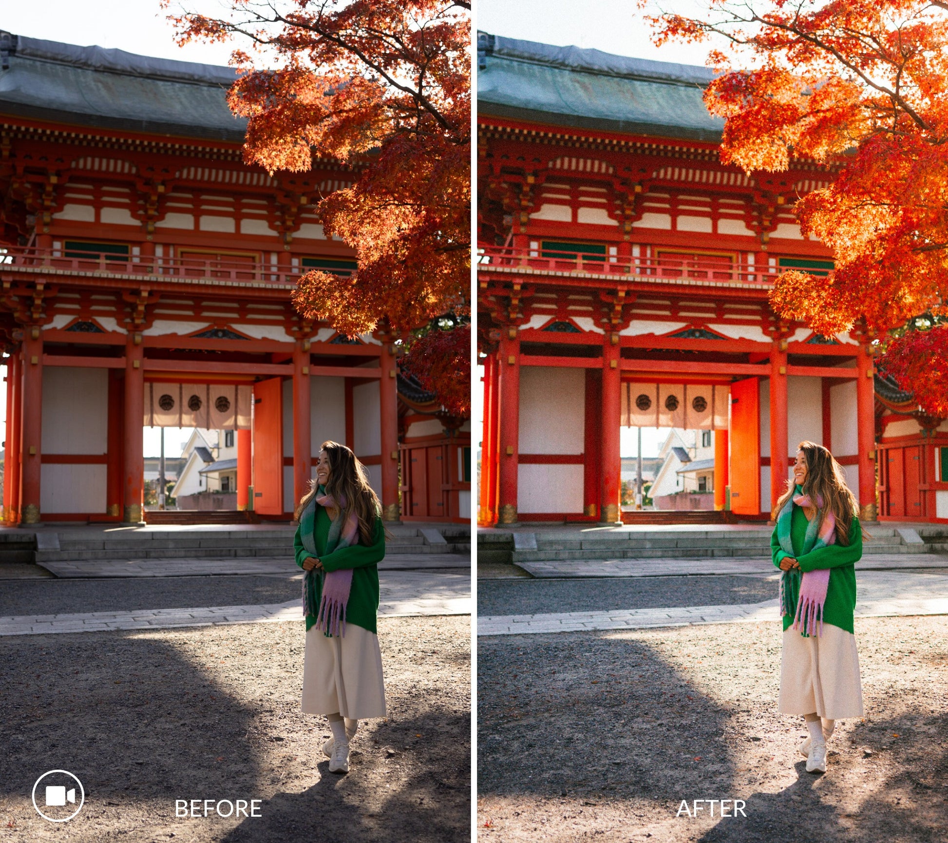 Before and after comparison of a woman in a green coat standing in front of a traditional temple with autumn leaves in Kyoto Japan.