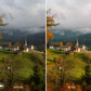 Side-by-side comparison of a mountain village scene labeled 'Before' and 'After'.using fall lightroom presets