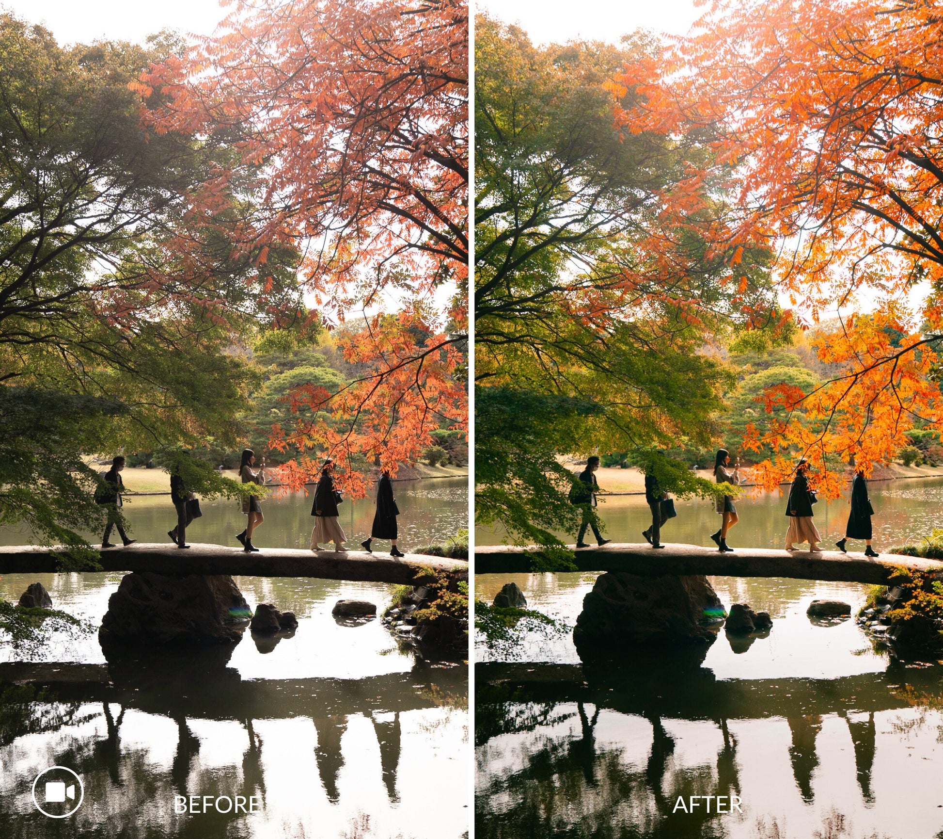 Before and after comparison of a scenic autumn landscape in Japan with people walking on a bridge over water.