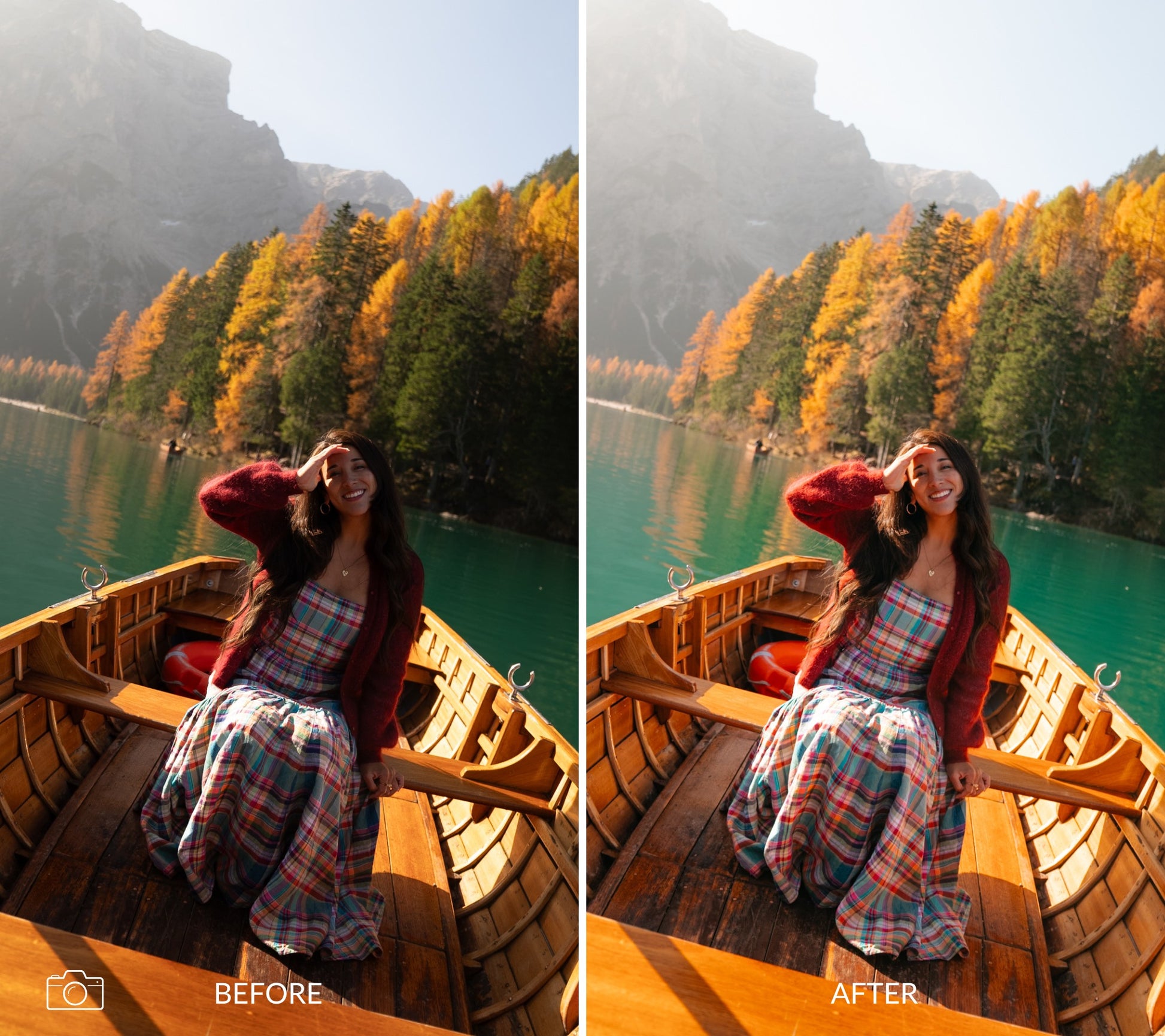 Before and after comparison of a woman in a boat on a lake with autumn trees.