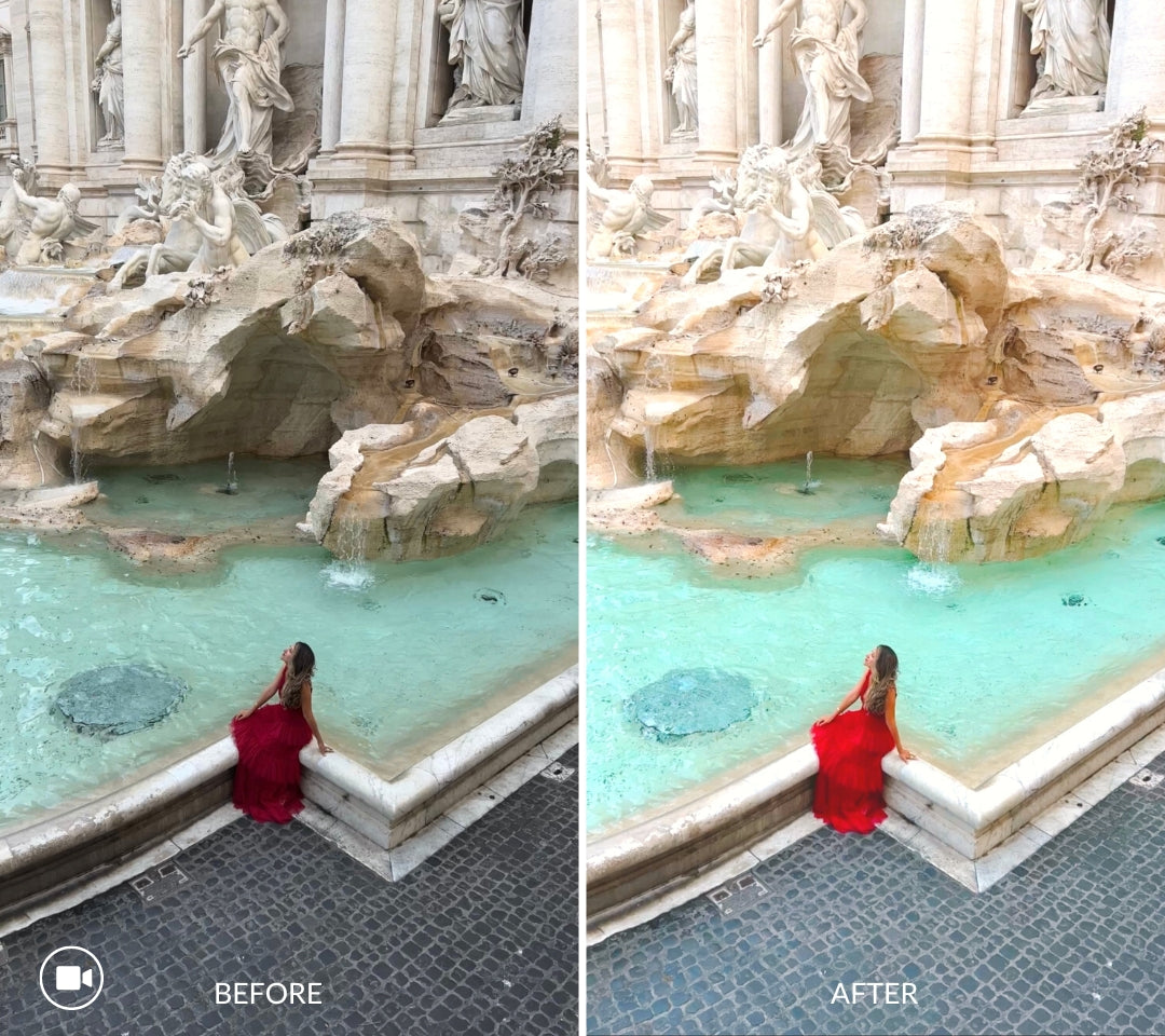 trevi fountain before and after edited with iPhone LUTs and mobile video filters