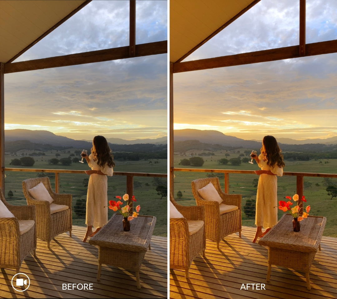 sunset before and after edited with iPhone LUTs and mobile video filters