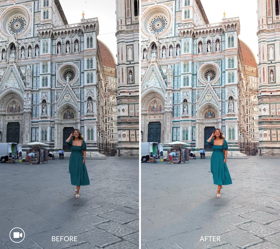 florence cathedral street scene before and after edited with iPhone LUTs and mobile video filters